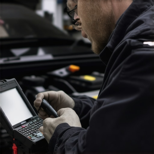 Mechanic holding an OBD-II scanner examining a vehicle's transmission system