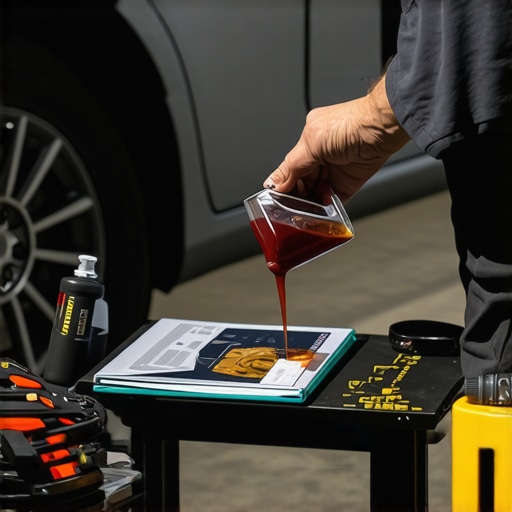 Mechanic refilling transmission fluid in a well-lit garage