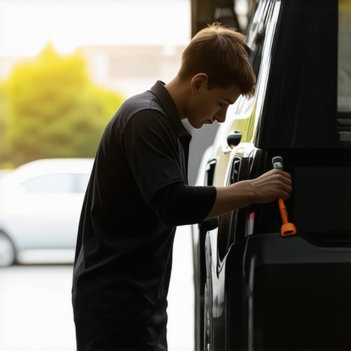 Mechanic checking transmission fluid level with a dipstick in a car