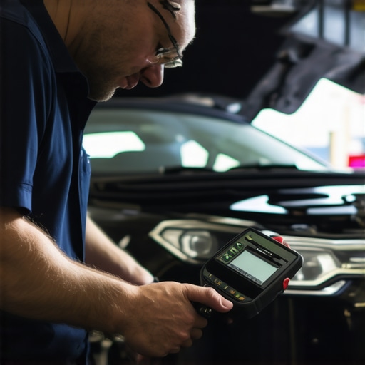 A technician analyzing vehicle diagnostics with a professional code scanner in a workshop.