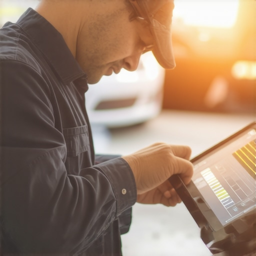 Advanced Engine Maintenance Tools in Action Technician analyzing engine oil with digital tools at an auto repair shop