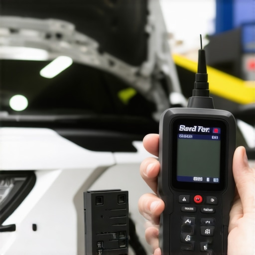 Technician using a digital automotive scanner connected to a vehicle's OBD2 port with transmission repair in progress.