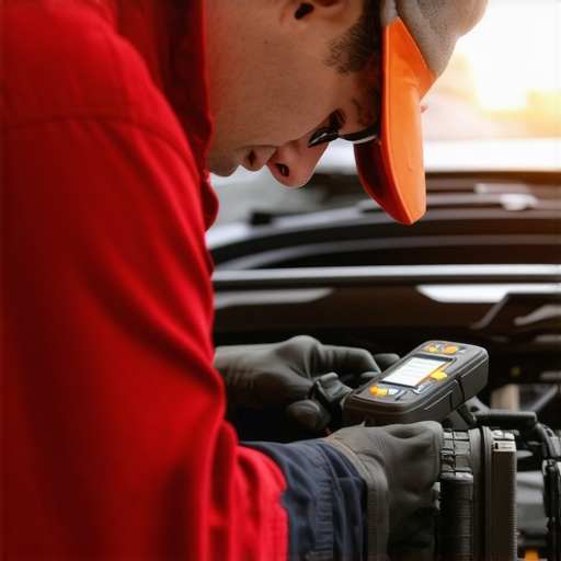 Expert Transmission Diagnostics with Modern Tools Mechanic performing transmission diagnostics with high-tech equipment