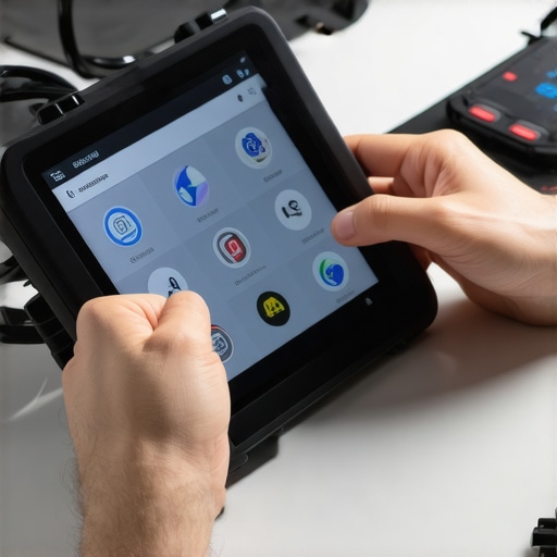 Close-up of advanced automotive diagnostic tools and a mechanic's hand using a tablet