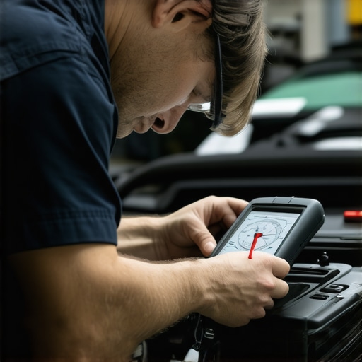 Mechanic testing car transmission pressure with precision tools in a workshop.