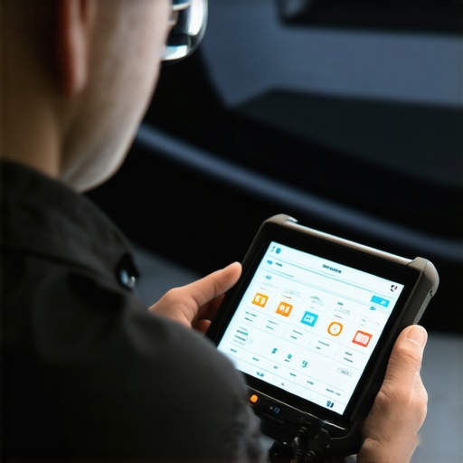 Professional vehicle diagnostic in action Mechanic using diagnostic scanner to monitor transmission health in a car.