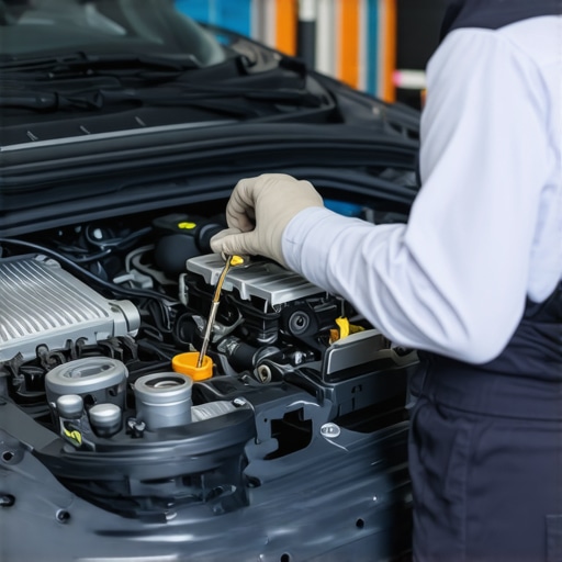Mechanic checking transmission sensors during vehicle maintenance
