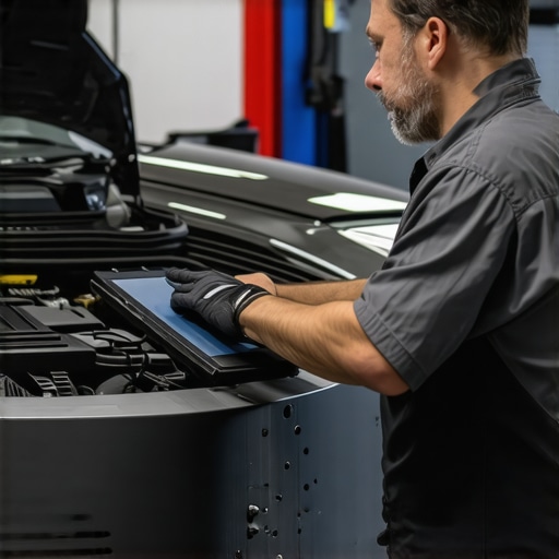 Technician performing transmission software update with professional tools in a garage setting