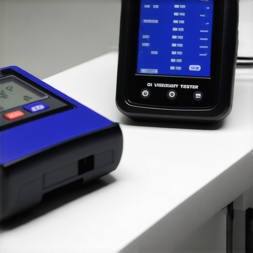 Close-up of diagnostic scanner and viscosity tester used for car maintenance