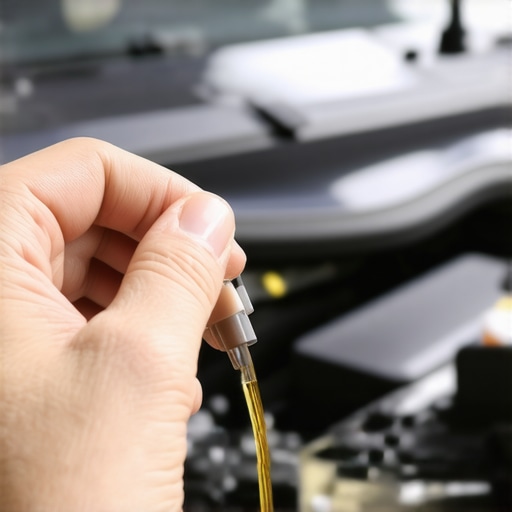 Person inspecting engine oil level using dipstick in hybrid car engine