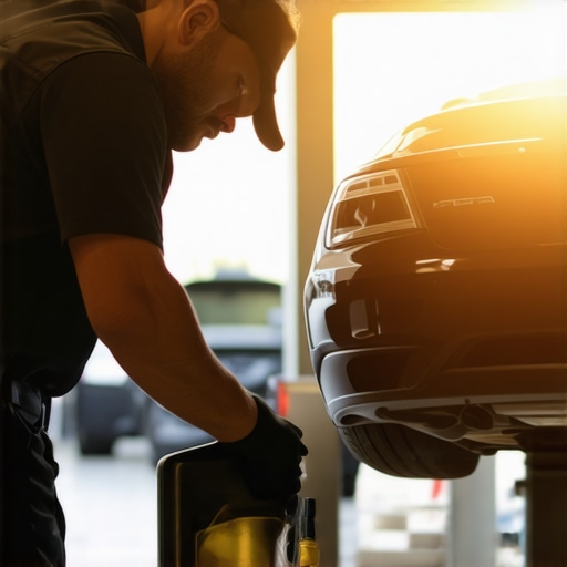 A professional mechanic changing oil with nano-synthetic fluid in a clean garage environment.
