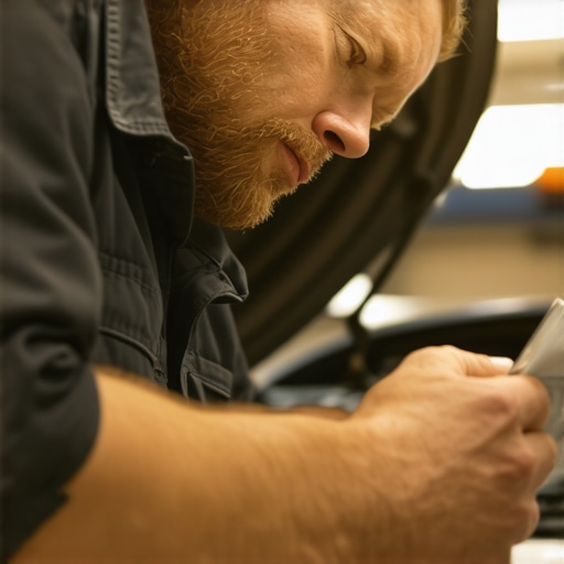Mechanic discussing detailed diagnostic test results with a car owner at the repair shop.