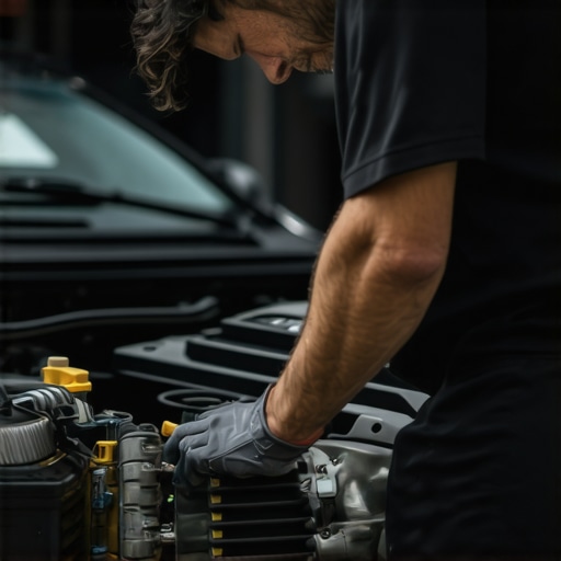 Mechanic checking engine oil condition with flashlight