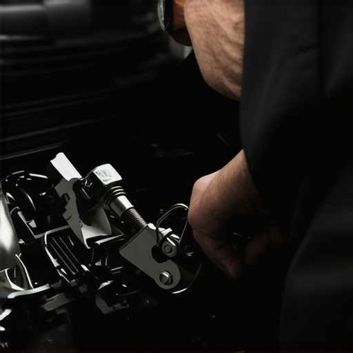 Technician inspecting shift linkage components underneath a vehicle.