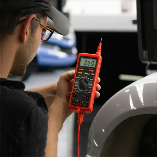 Mechanic testing engine components with advanced diagnostic tools in a garage.