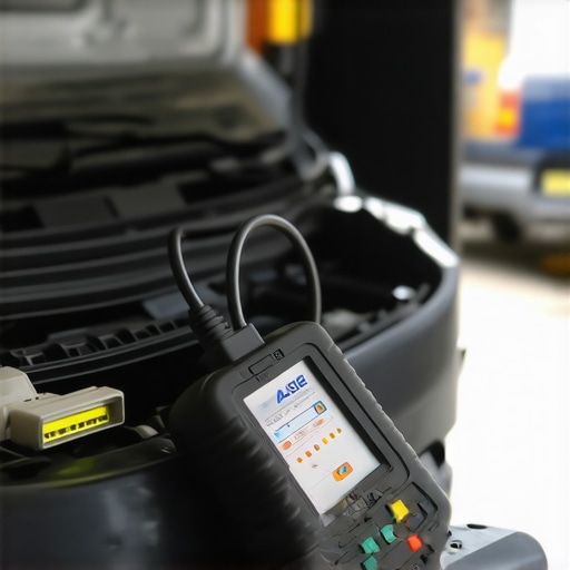 Technician using an ASE-certified diagnostic scanner to check vehicle systems in a garage.