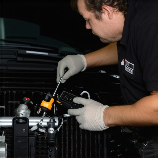Mechanic performing transmission cooler and sensor inspection with diagnostic tools in a modern automotive workshop.