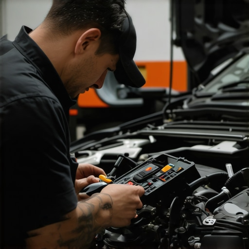 A professional technician checking a car's transmission using diagnostic tools in a workshop