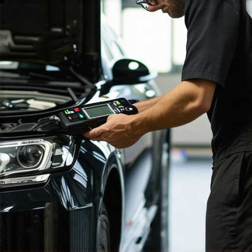 Technician inspecting transmission system with diagnostic tools