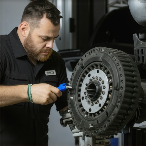 ASE certified technician inspecting vehicle transmission components.