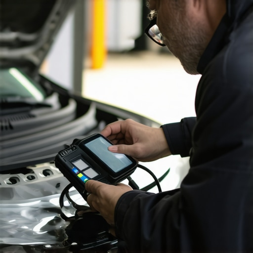 Mechanic holding a modern scan tool connected to car diagnostics port.