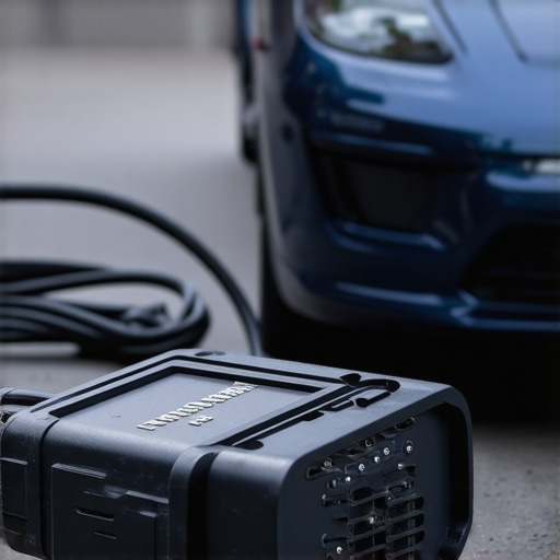 A technician using an OBD-II scanner to diagnose a car's engine.