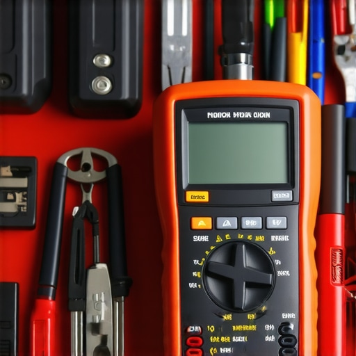 Automotive Diagnostic Tools in Use A mechanic using a multimeter and OBD-II scanner during vehicle maintenance.
