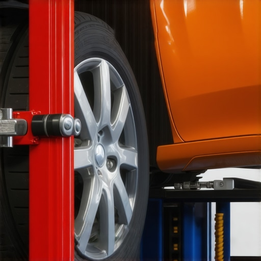 Technician inspecting car suspension and wheel for causes of vibration