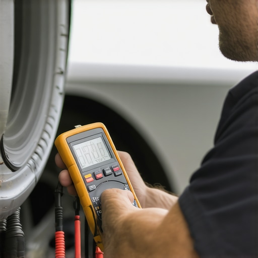 Automotive technician measuring electrical current in a vehicle's battery system