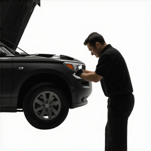 Diagnosing steering components in a garage setting. Mechanic inspecting steering linkage and suspension parts under a car.