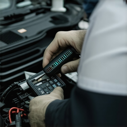 Mechanic inspecting engine diagnostics with advanced tools
