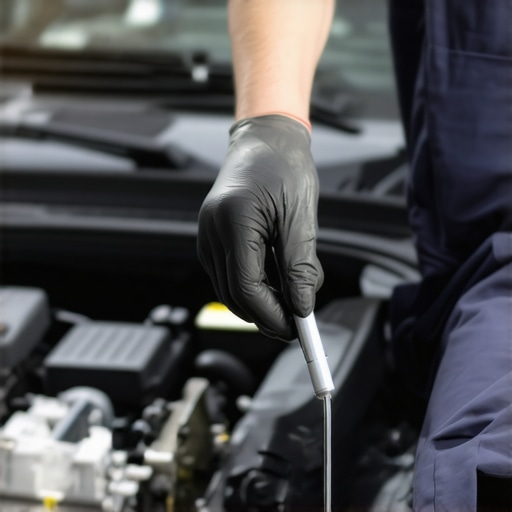 Mechanic inspecting oil level with dipstick in engine bay