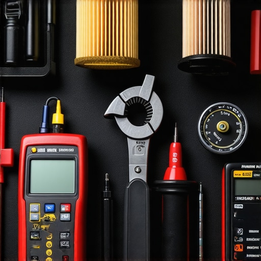 A mechanic's toolkit with diagnostic tools and filters lying on a workbench.