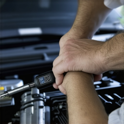 Mechanic testing torque settings and scanning vehicle diagnostics with advanced tools.