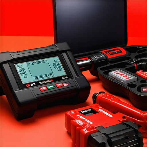Mechanic using diagnostic tools and torque wrench in a well-equipped garage.