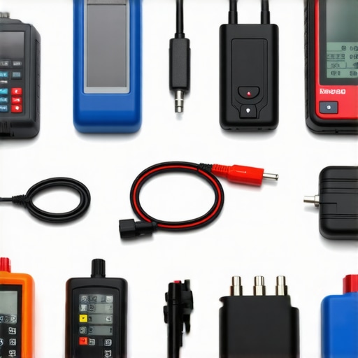 A collection of professional-grade diagnostic tools for vehicle maintenance arranged on a workbench.