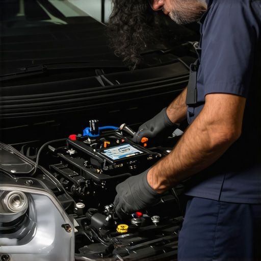 Mechanic using diagnostic tools to analyze car engine performance.