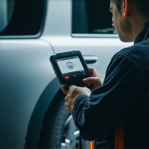 A mechanic performing transmission diagnostics with advanced tools