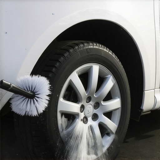 A soft-bristle brush cleaning a car wheel to remove brake dust effectively