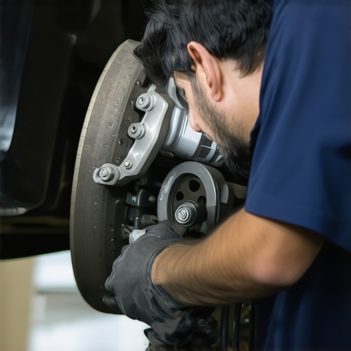 Mechanic examining brake components during maintenance.