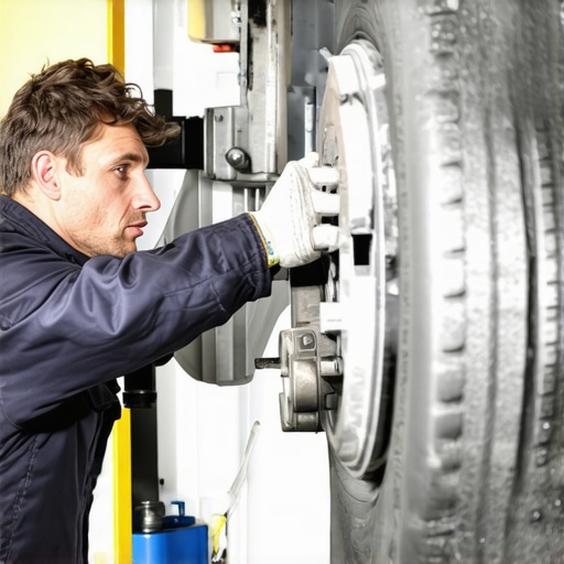 Mechanic checking brake pads and rotor for wear and debris