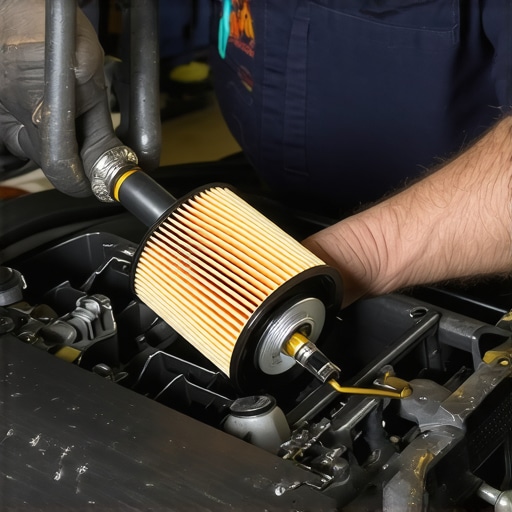 Mechanic carefully installing an oil filter on a car engine to ensure proper sealing and filtration