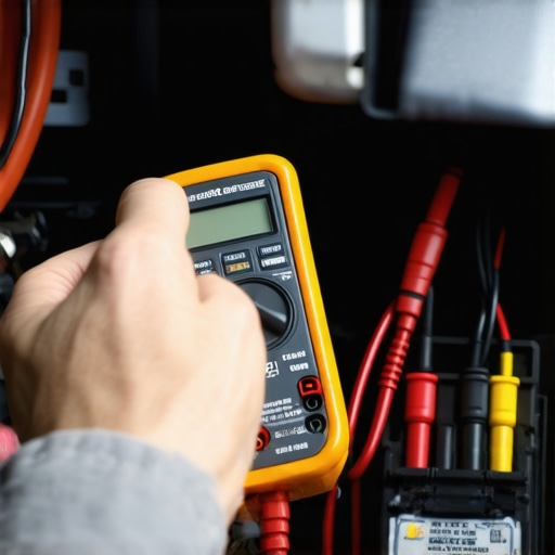 Person measuring car's fuse circuit with a multimeter