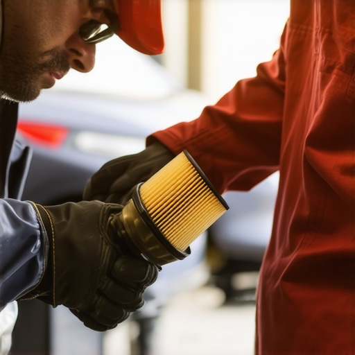 A mechanic examining a newly replaced oil filter during vehicle maintenance.