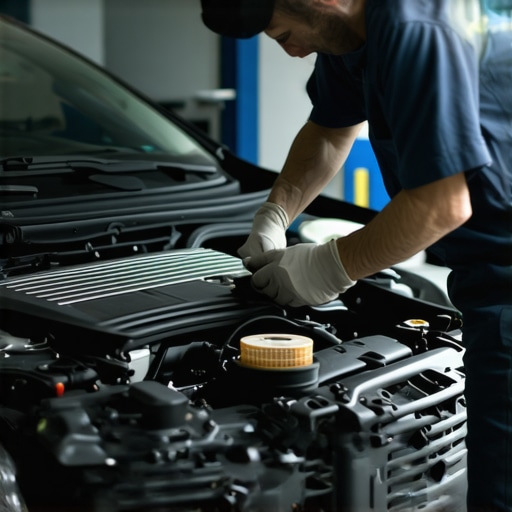 Automotive technician checking engine components with tools