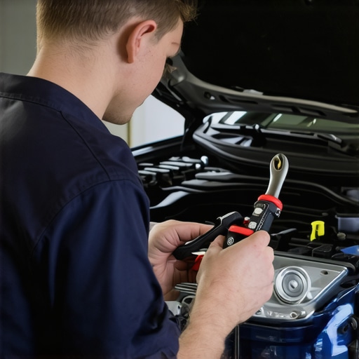 Car mechanic checking engine parts with diagnostic tools