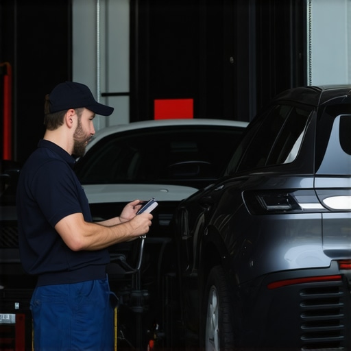 A person explaining car parts to a mechanic in a workshop.