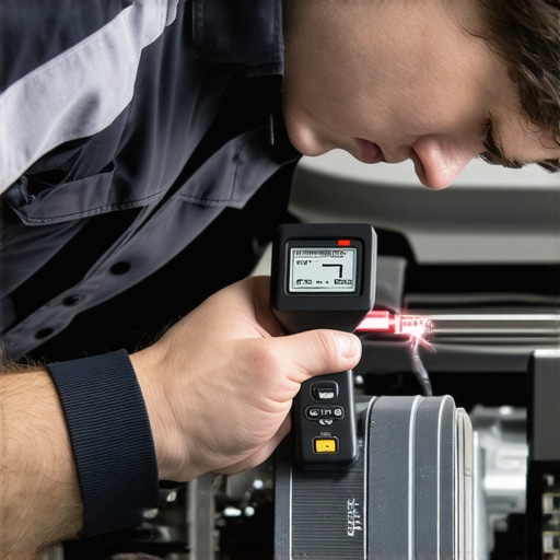 Technician testing transmission fluid with a laser refractometer in a car's engine bay.