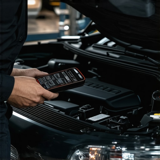 Mechanic's hands operating a diagnostic scanner on a car engine, highlighting high-tech maintenance tools.