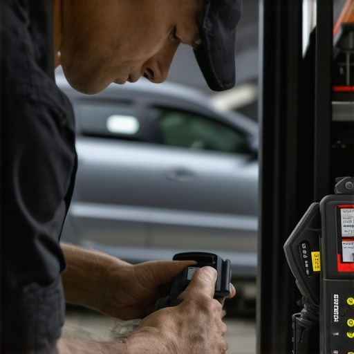 Mechanic analyzing transmission data with advanced diagnostic equipment.